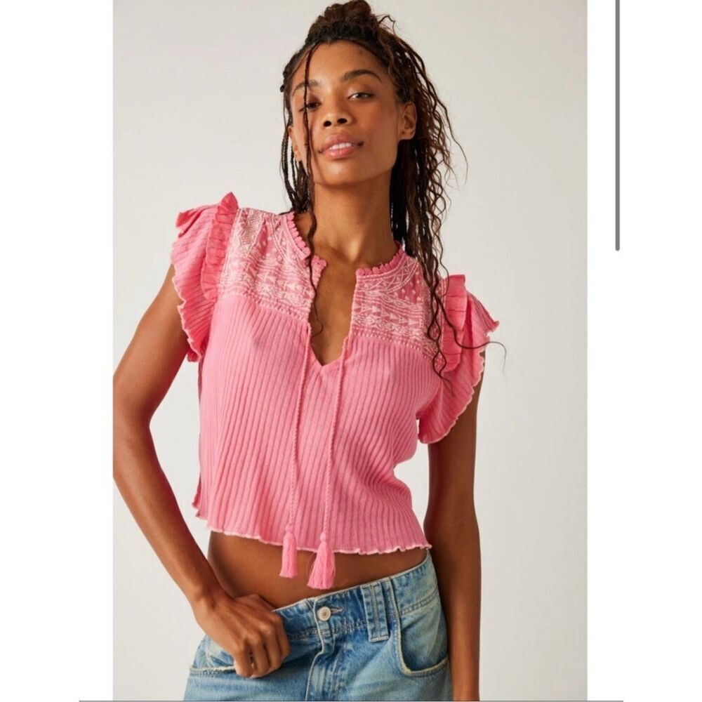 Free People Pink and White Sarafina Tassel Top Size Medium New